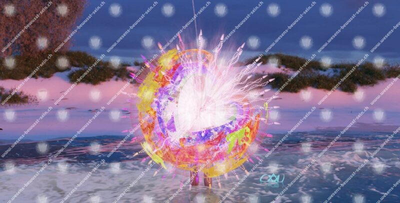 Der entschleierte Mensch mit den fünf Überlebensstrategieschichten, dem Wesen und dem physischen Körper am Strand